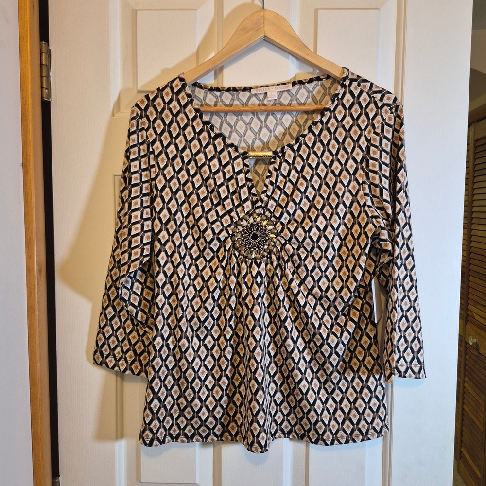 Stella + Ginger Womens Large Geometric Diamond Print Embellished V-Neck‎ Blouse